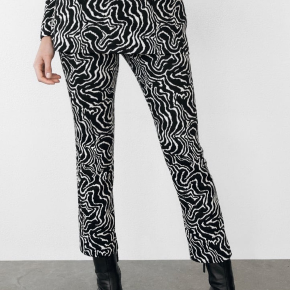 NWT ZARA BLACK WHITE STRAIGHT JACQUARD PANTS SZ M